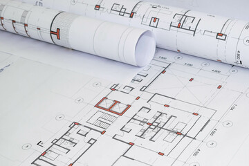 Wall Mural - rolled architectural and construction plans. residential building designs