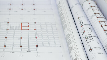 Wall Mural - rolled up technical and construction drawings. structural framing slab design