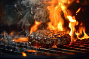 Close-up of a burger being cooked on an open flame grill, with the flames licking the sides of the patty