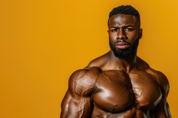 Wall Mural - Fit man with a powerful physique and a calm, sharp demeanor, solid color background, ideal for promoting gym services that emphasize total body and mind wellness