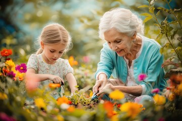 Wall Mural - High-resolution brightly lit photorealistic candid photograph of a grandmother and grandchild gardening together, planting flowers in a vibrant garden. The photograph is styled like a high-end