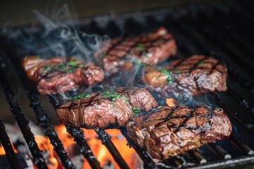 Perfectly charred steak grilling, smoke and fire