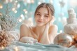 © kitipol - High-resolution brightly lit photorealistic candid photograph of a beautiful presenter woman in a spa, surrounded by elegant spa decorations, smiling softly as she relaxes in a serene setting. The