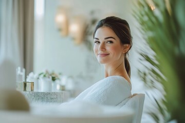 Wall Mural - High-resolution brightly lit photorealistic candid photograph of a beautiful presenter woman in a spa, smiling softly as she enjoys the peaceful ambiance created by elegant spa decor. The photograph