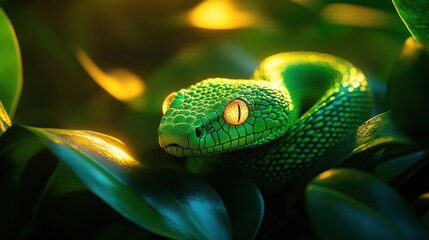 Wall Mural - Green snake resting among lush leaves with vibrant lighting effects.