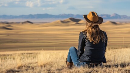 Tourist enjoys Gobi Desert, Mongolia.