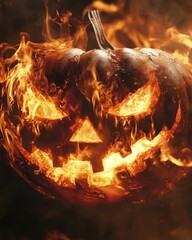 Wall Mural - closeup of halloween pumpkin with flames in dark setting