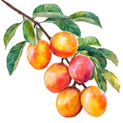 Wall Mural - Watercolor Painting of Ripe Peaches on a Branch.