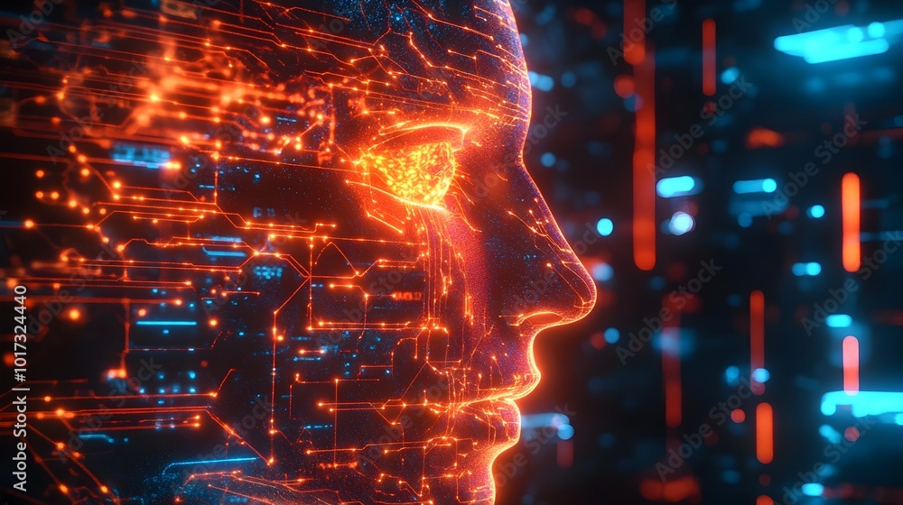 Futuristic digital brain interface with glowing neural network circuits ...