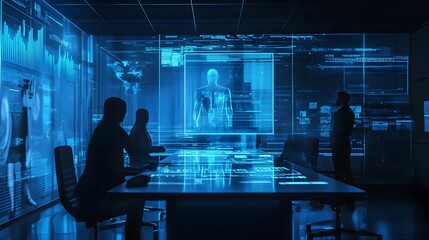 Futuristic virtual business conference with holographic participants gathered in a modern high tech corporate office setting