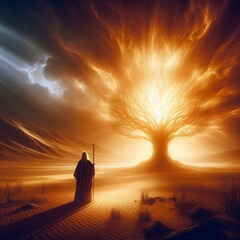 A striking picture from the Bible shows Moses approaching a bright burning bush. The desert is illuminated by an ethereal golden light that creates an amazing mood.