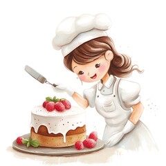 Canvas Print - Cute Baker Girl Decorating a Strawberry Cake.