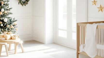 Spacious nursery with Christmas tree, warm sunlight filtering through.