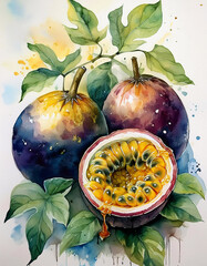 Wall Mural - A vibrant still life of passion fruits in various stages of ripeness, painted in a watercolor style