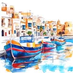 Poster - Watercolor Painting of Colorful Boats Docked in a European Harbor.