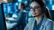 © tuiphotoengineer - Close up of a professional female technical support dispatcher working on a computer with a headset delivering customer service in a modern monochromatic office setting