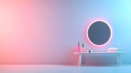Augmented reality beauty mirror featuring a glowing holographic skincare application interface on a sleek minimalist background
