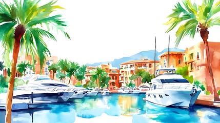 Wall Mural - Watercolor Painting of a Marina with Yachts and Palm Trees.