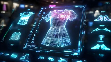 Wall Mural - Cutting edge hologram clothing selector interface showcasing a glowing neon fashion display for an immersive virtual shopping experience of the future