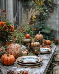 Canvas Print - Cozy autumn display featuring table setting with pumpkins and natural elements