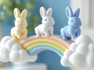 Wall Mural - Cute Bunny Rabbits on a Rainbow.