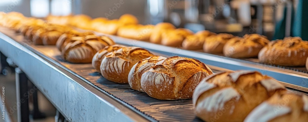 Bakeries with conveyor belts producing hundreds of loaves at once ...
