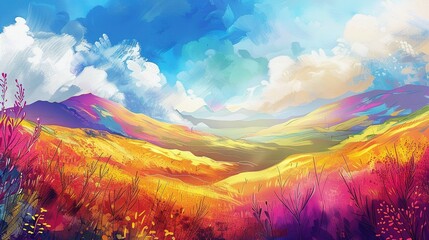 Vibrant Landscape Painting Featuring Mountains and Hills: An AI Creation