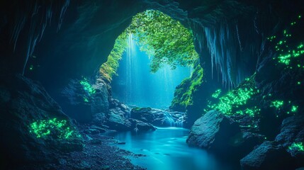 Wall Mural - a cave opening reveals a magical blue waterfall and luminous green moss.