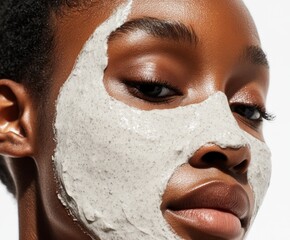 A closeup of a woman's face with a white clay facial mask applied to treat acne, surrounded by soft lighting and a clean white background, perfect for skincare tutorials and beauty products.