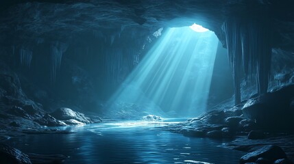 Wall Mural - a cave with sunlight streaming in over a tranquil lake.