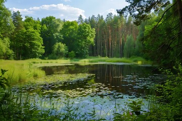 Beautiful summer landscape with a lake and pine forest on the background