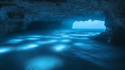 Wall Mural - a dark cave opening with blue water shining through.