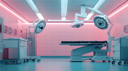 Cutting edge AI controlled robotic surgery system with neon lit medical technology and holographic patient information displayed for advanced healthcare procedures