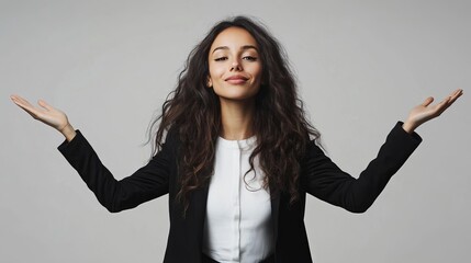 Female entrepreneur, arms open, white backdrop