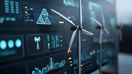 Futuristic AI powered renewable energy grid featuring innovative wind turbines and a sleek holographic control panel showcasing the cutting edge technology for a sustainable energy future