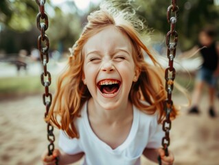 Wall Mural - Little girl having fun on a swing set. AI.