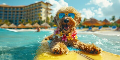 Wall Mural - A dog wearing sunglasses and a flower lei is surfing on a wave. AI.