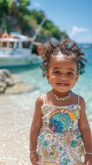 Poster - A little girl smiles at the camera on a beach. AI.