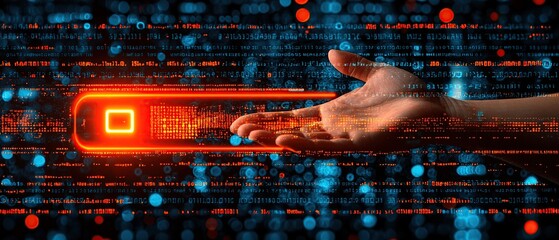 Hand reaching for a glowing neon box with digital code in the background.