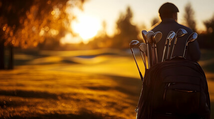 Wall Mural - Golfer with clubs at sunset on a golf course.