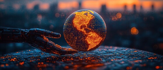 a robotic hand reaches out towards a glowing globe, representing the future of technology and its im