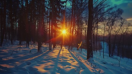 Sunset in the winter forest. Winter landscape with sunbeams