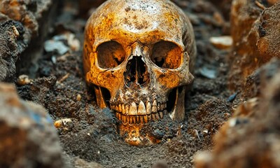 a human skull partially buried in earthy surroundings.