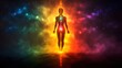 © Psykromia - Silhouette Of A Human Figure With Glowing Chakras In A Radiant Cosmic Aura Depicting Spiritual Energy And Inner Alignment