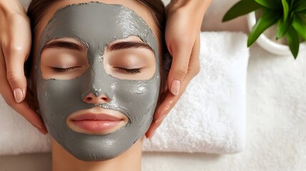 Cosmetologist carefully applying a soothing grey clay mask on the face of a young woman client who is lying back with relaxed and closed eyes