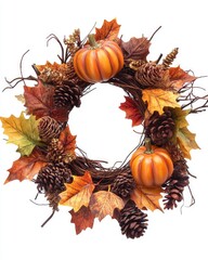 Poster - Autumn wreath with maple leaves pinecone and decorative pumpkin