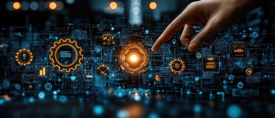 Hand reaching out to touch a digital interface with cogs, icons and data.