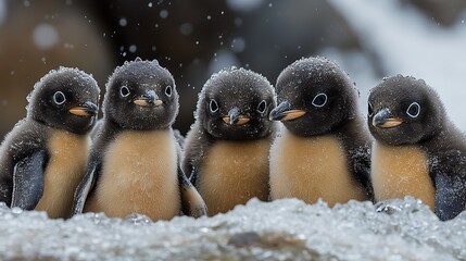 Wall Mural - Five adorable penguin chicks huddle together in the snow, looking curiously at the camera.