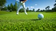 © tuiphotoengineer - Golfer in Mid Swing on Beautifully Manicured Golf Course with Flying Golf Ball and Bright Blue Sky Above  Outdoor Sports and Recreation Concept