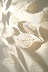 Fototapete - Delicate, translucent leaves create intricate shadows on a light background, showcasing nature's beauty in a serene, minimalistic setting.